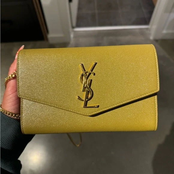 Relist - YSL CHARTREUSE UPTOWN CHAIN WALLET IN GRAIN DE POUDRE EMBOSSED LEATHER - Picture 1 of 11